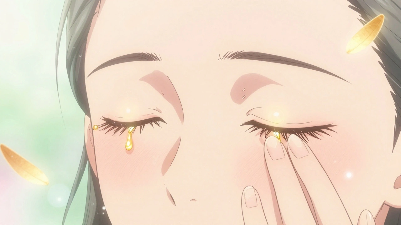 Hands gently massaging eyelids as golden oil droplets emerge, glowing with light and floating flakes.