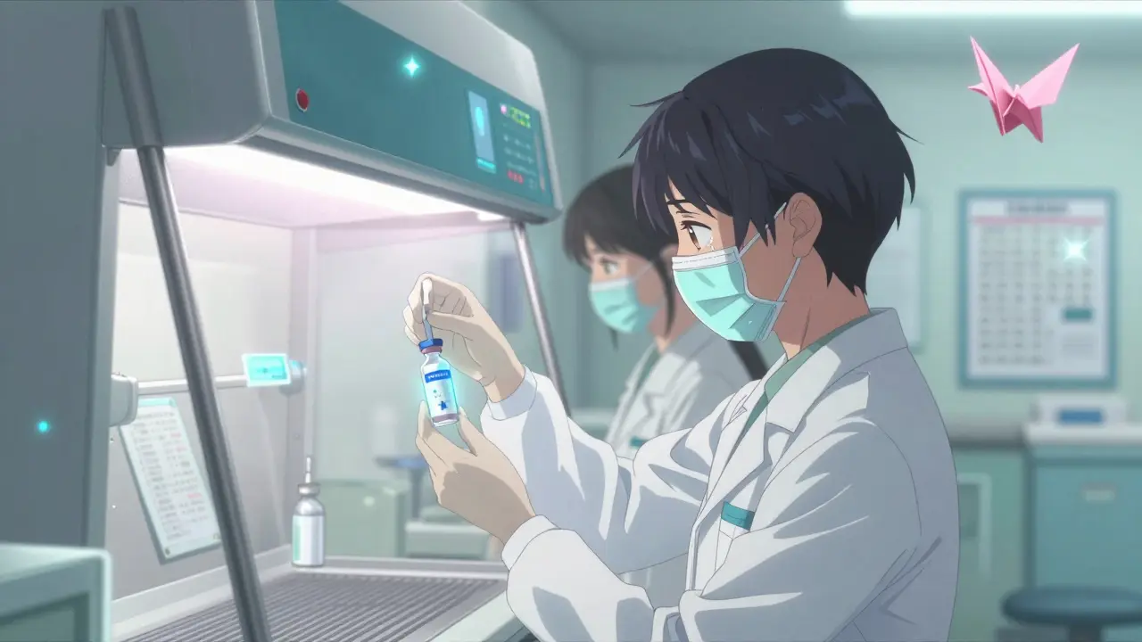 Healthcare workers preparing a hazardous cancer drug in a protective ventilation hood.