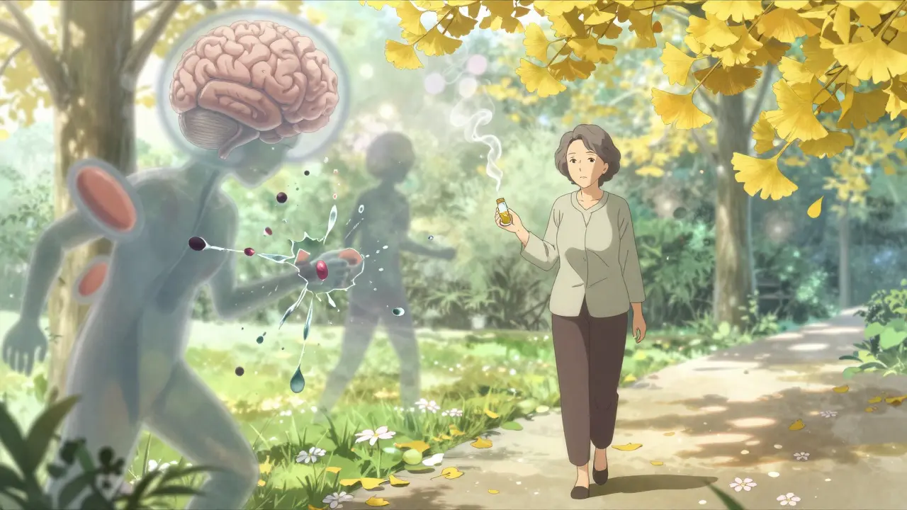 Older woman walking in garden as shadowy bleeding vessels appear behind her.