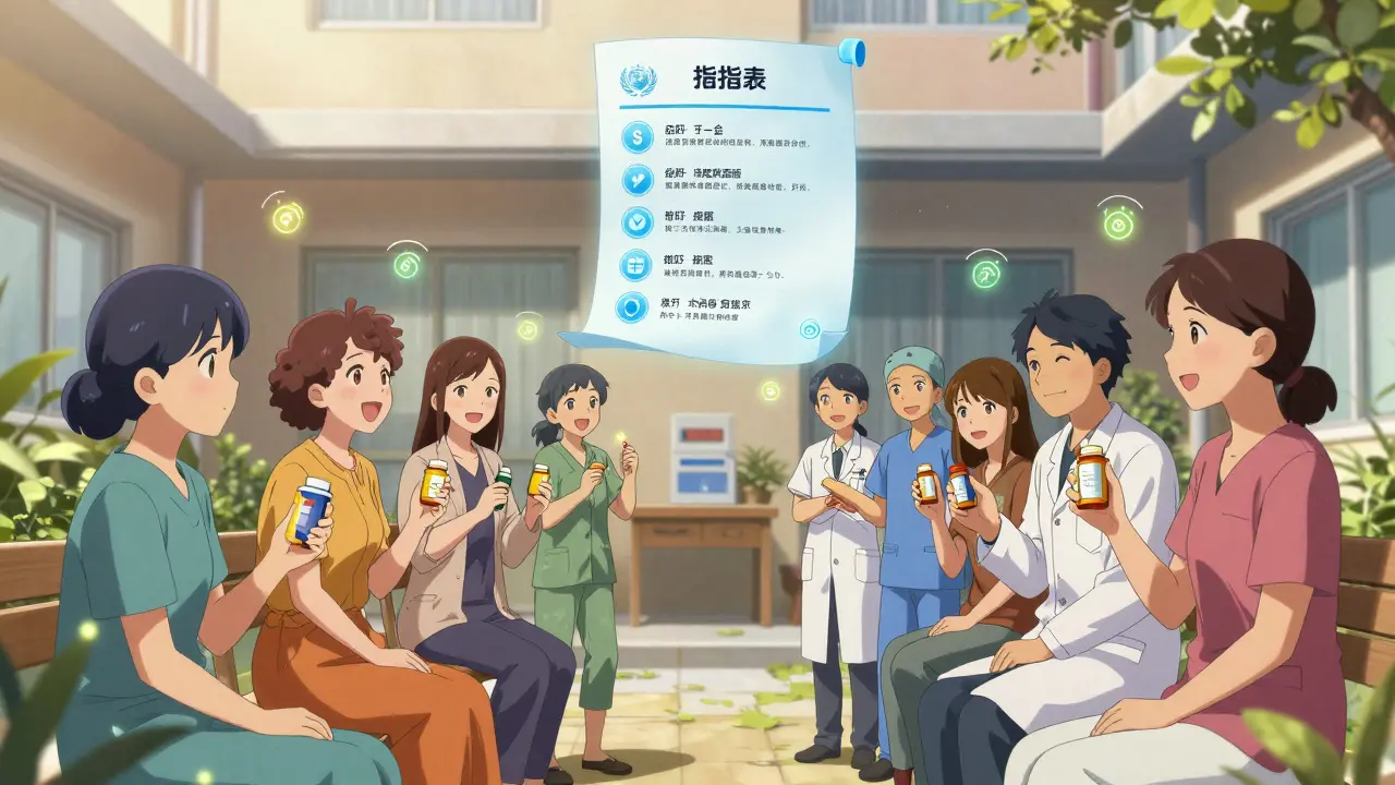 Patients and staff in a courtyard surrounded by glowing safety alerts and a floating global guideline.