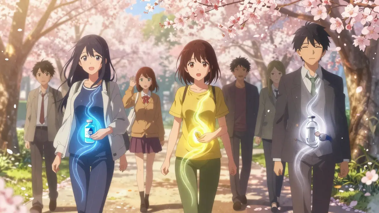 People walking in a park with glowing trails representing OIC treatments, symbolizing restored bowel function and peace.