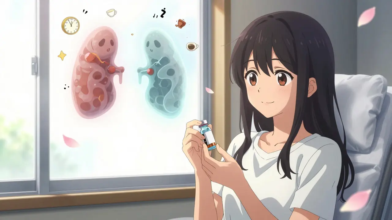 Post-surgery recovery scene with fading adrenal glands turning to petals, girl holding medication, sunlight streaming in, anime style.