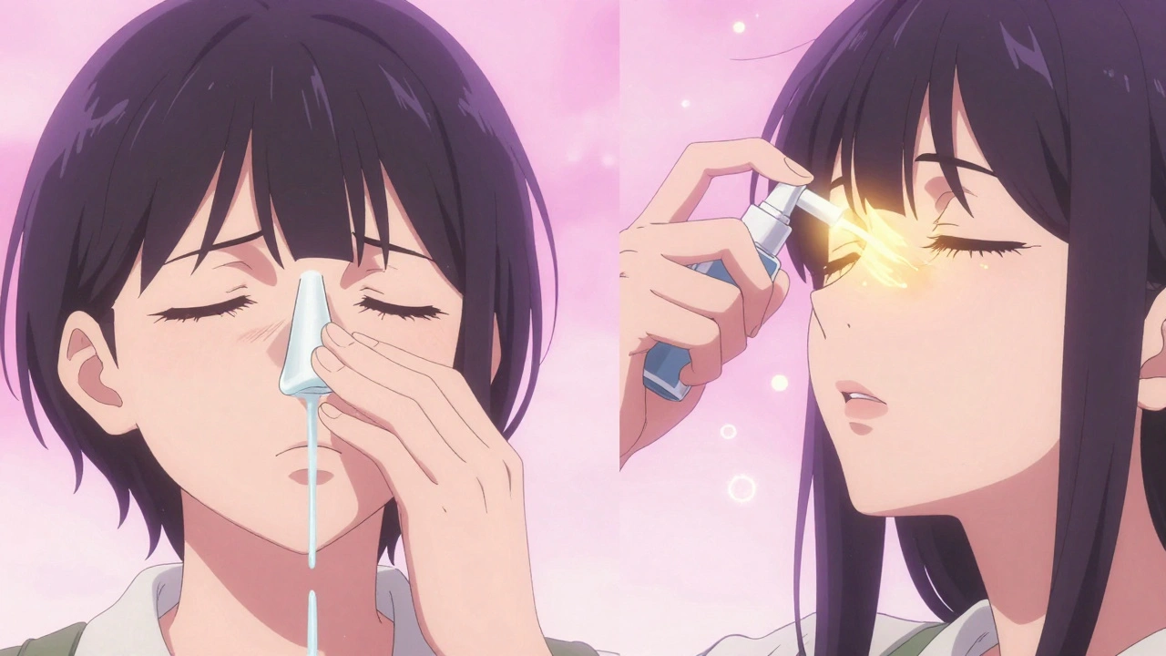 Split illustration showing correct vs incorrect nasal spray technique with glowing nasal passages and dissolving inflammation.