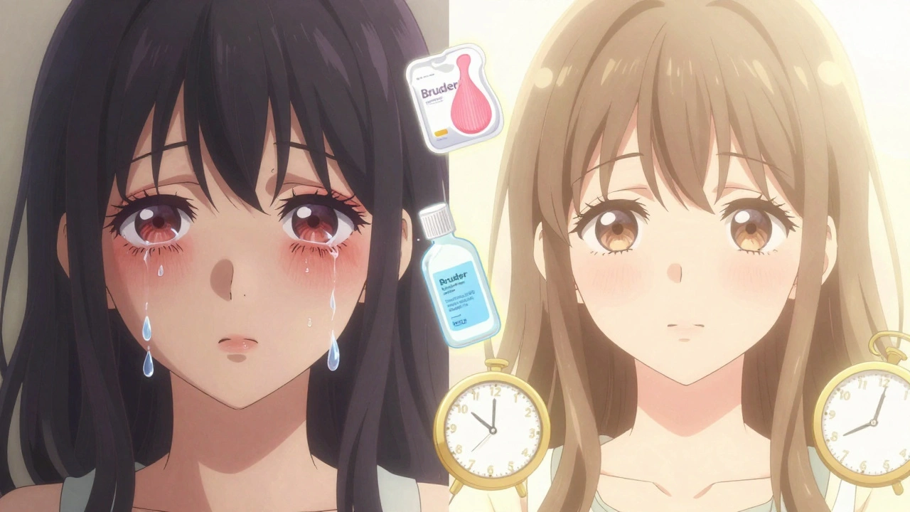 Split panel: tired, inflamed eyes on left, clear, bright eyes on right with symbols of treatment nearby.