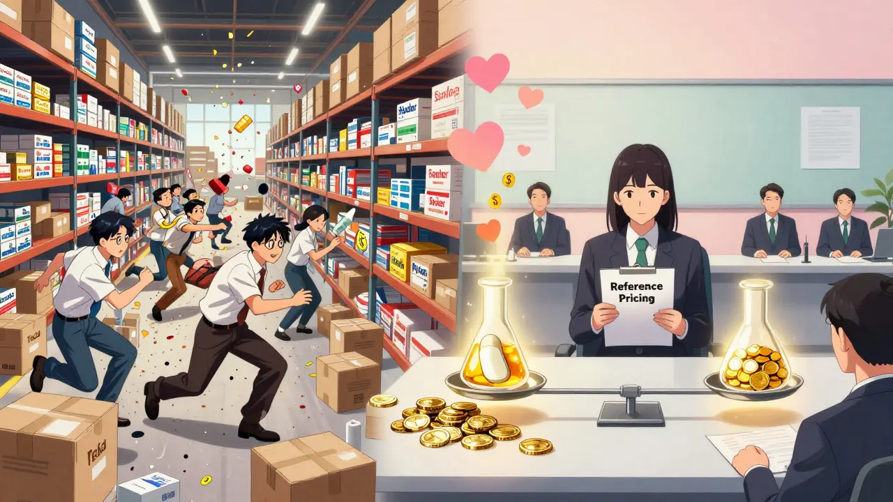 Split scene: chaotic U.S. generic drug competition vs. calm European price control.