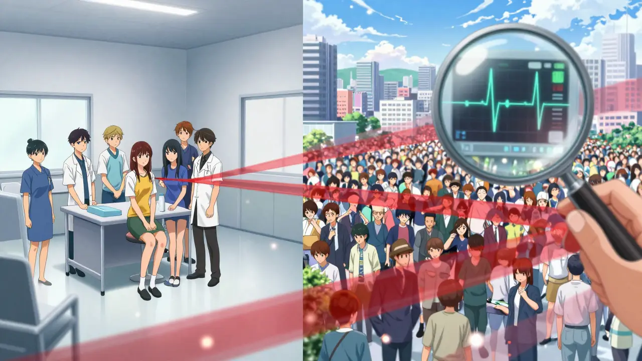 Split scene: clinical trial on one side, real-world patients on the other, connected by a red warning thread.