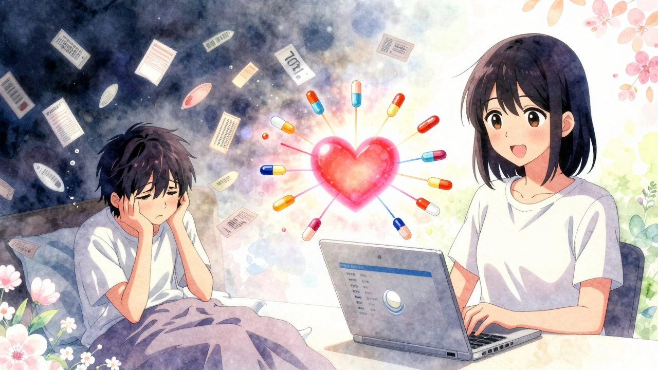 Split scene: one side shows fading meds in darkness, the other shows a person updating their health record with bright connected lines and a heart.