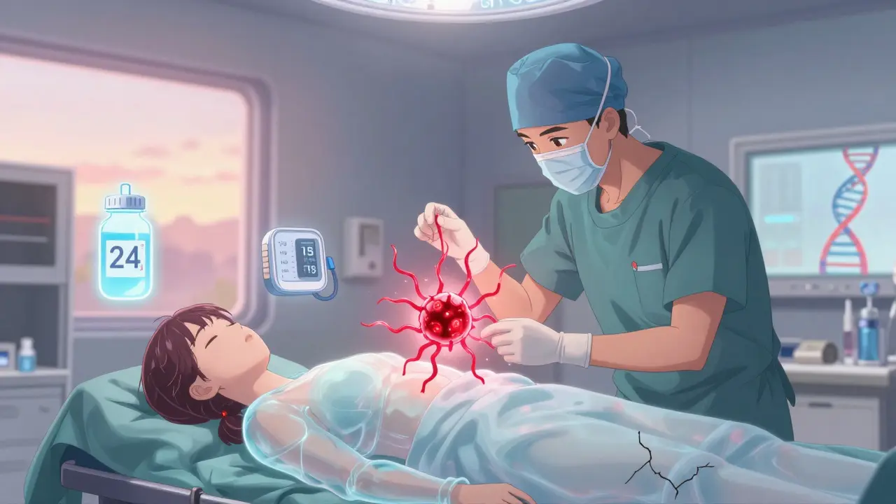 Surgeon removing a glowing pheochromocytoma tumor in a soft-lit operating room, medical icons floating around, shoujo manga style.