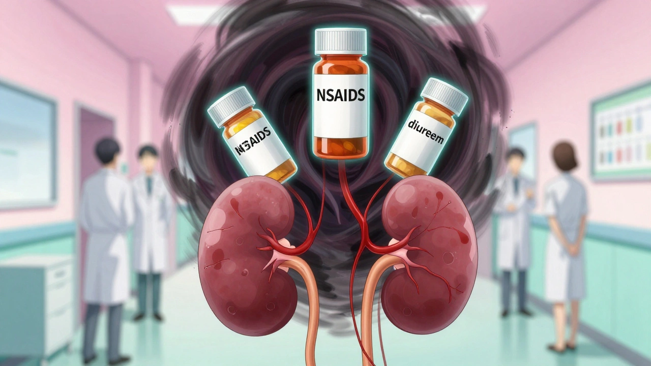 Three prescription bottles forming a dark vortex above fragile kidneys in a hospital setting.