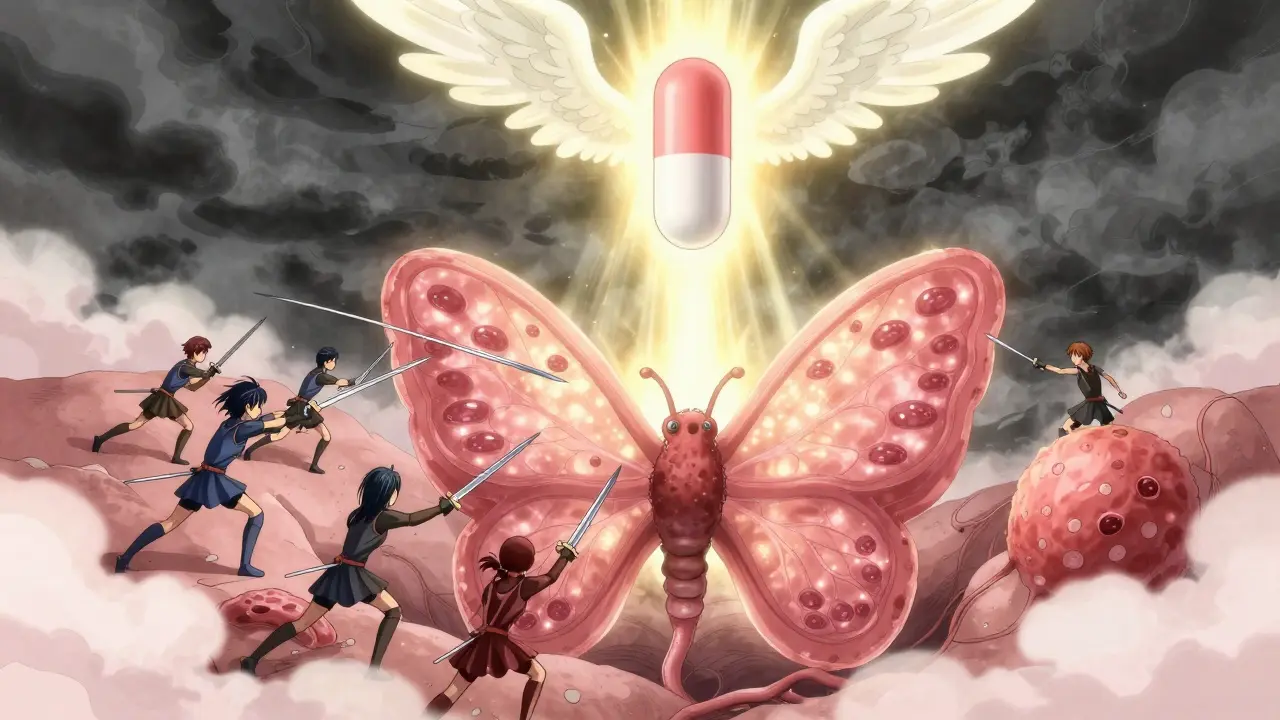 Tiny warrior cells attacking a butterfly-shaped thyroid, with a pill descending like a guardian angel.