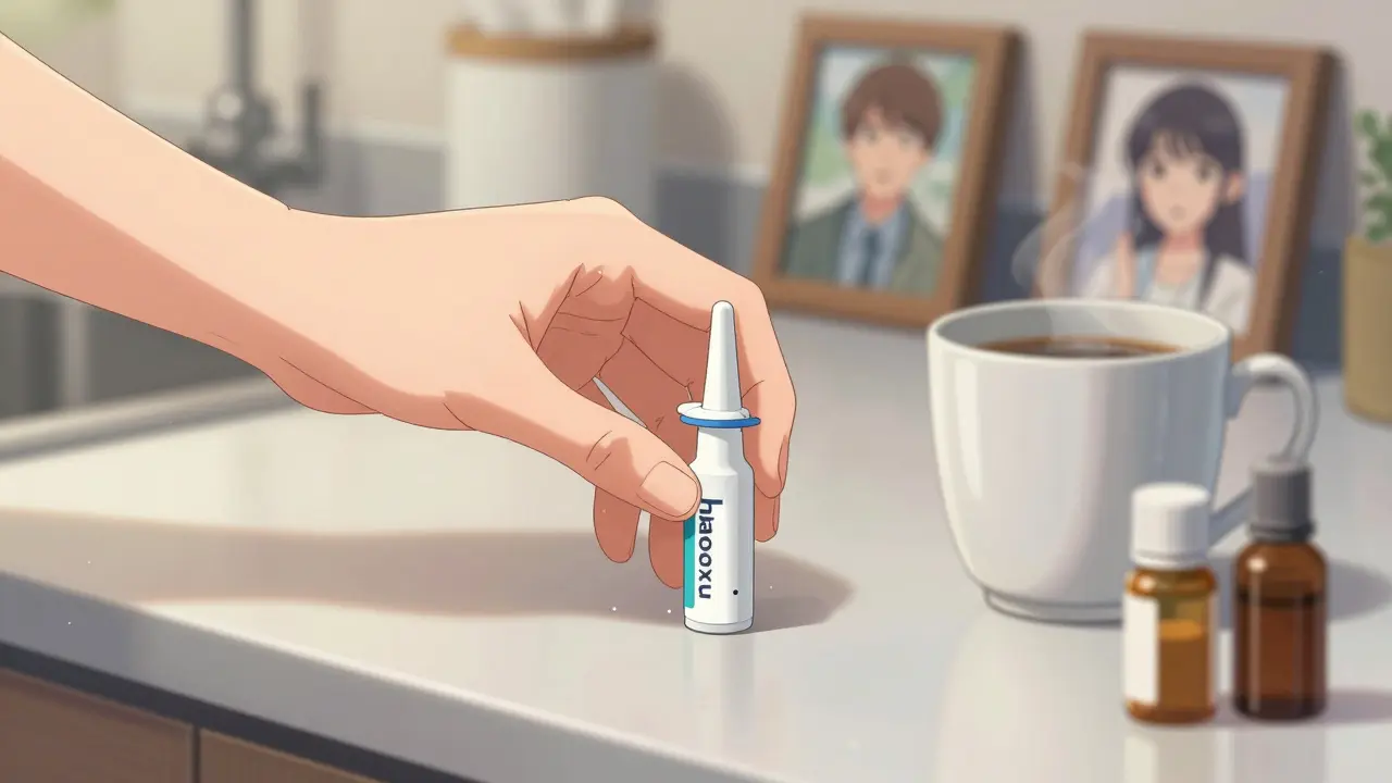 Trembling hands place naloxone beside pain meds and a coffee mug on a kitchen counter.