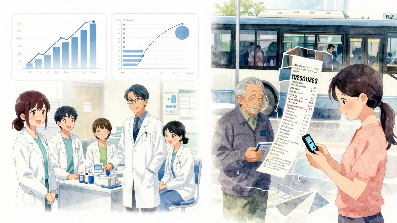 Two parallel worlds: a perfect clinical trial chart and a messy real-life mosaic of aging, poverty, and missed appointments.