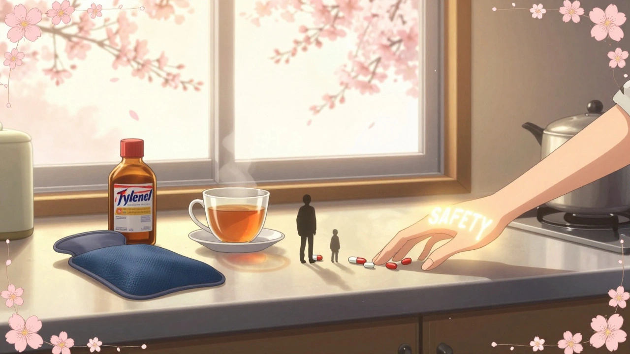 Tylenol and a heating pad sit safely on a counter as harmful pills fall away, illustrated in soft shoujo manga style.