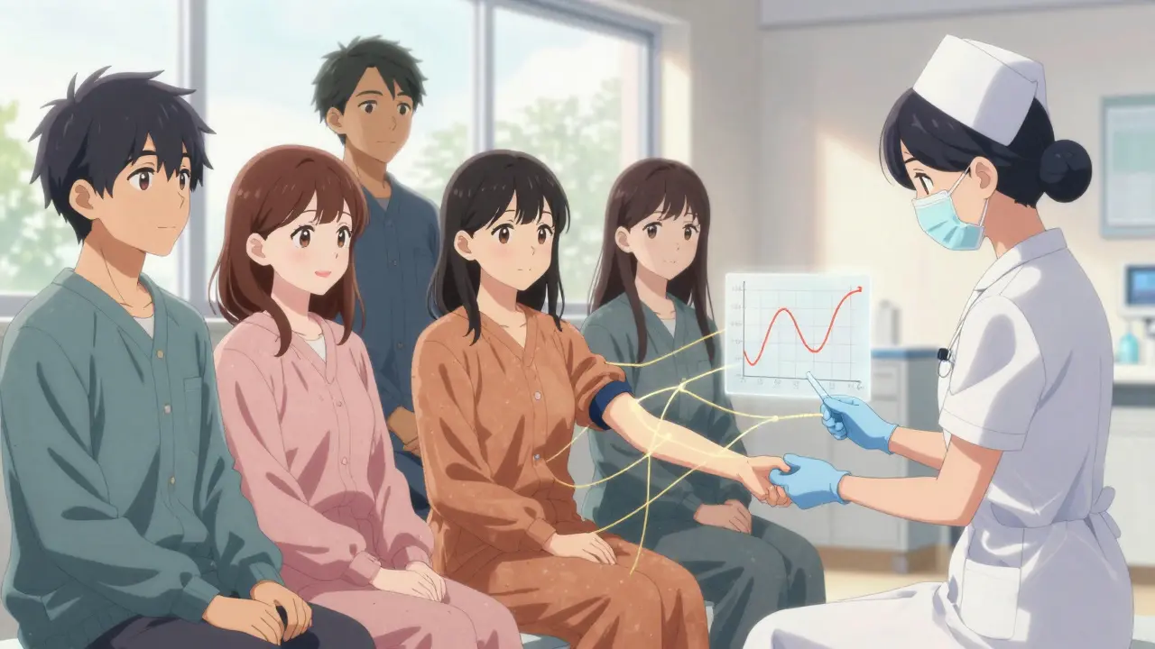 Volunteers receiving blood draws with golden threads connecting to bioequivalence graphs.