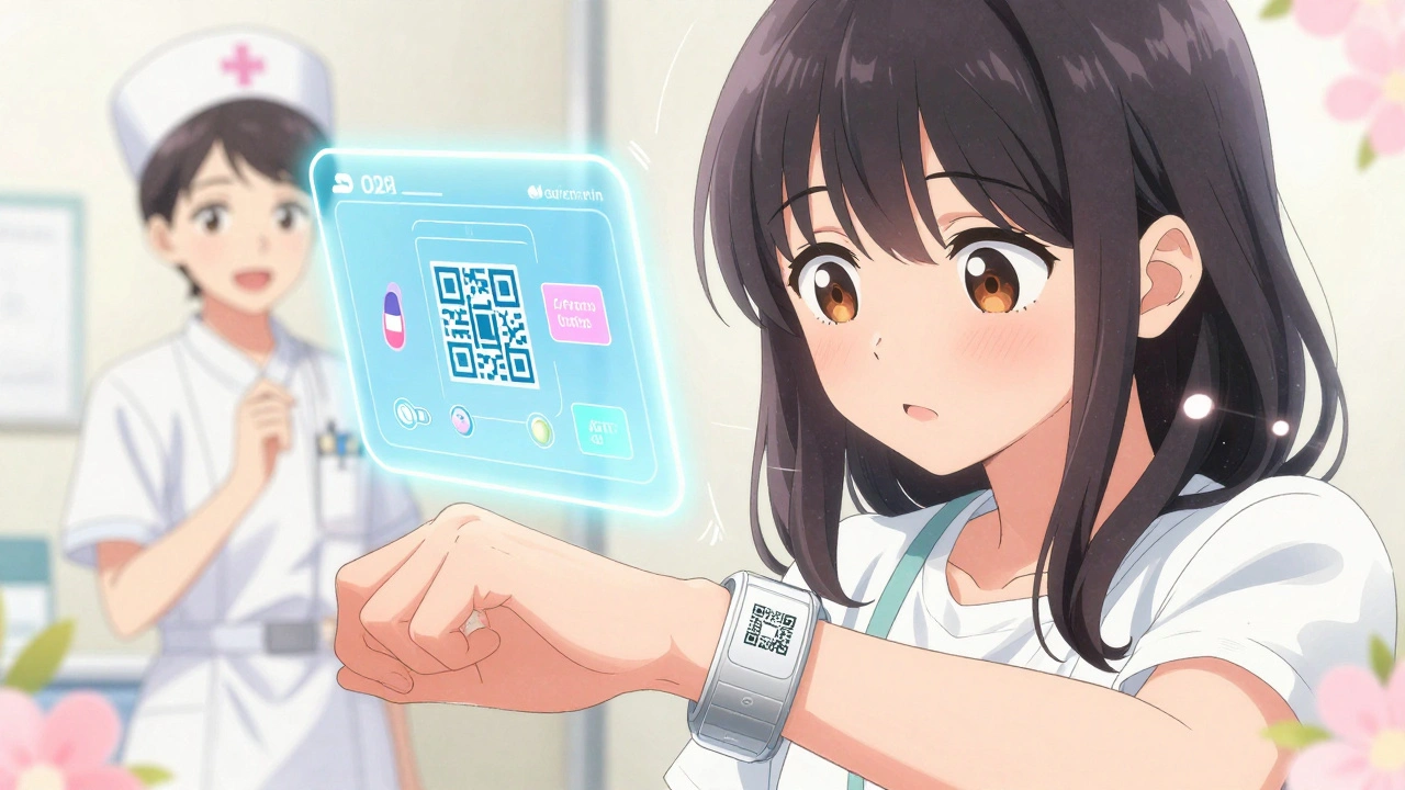 Woman scanning a QR code on a medical bracelet, with a floating digital profile showing drug allergies and medications.