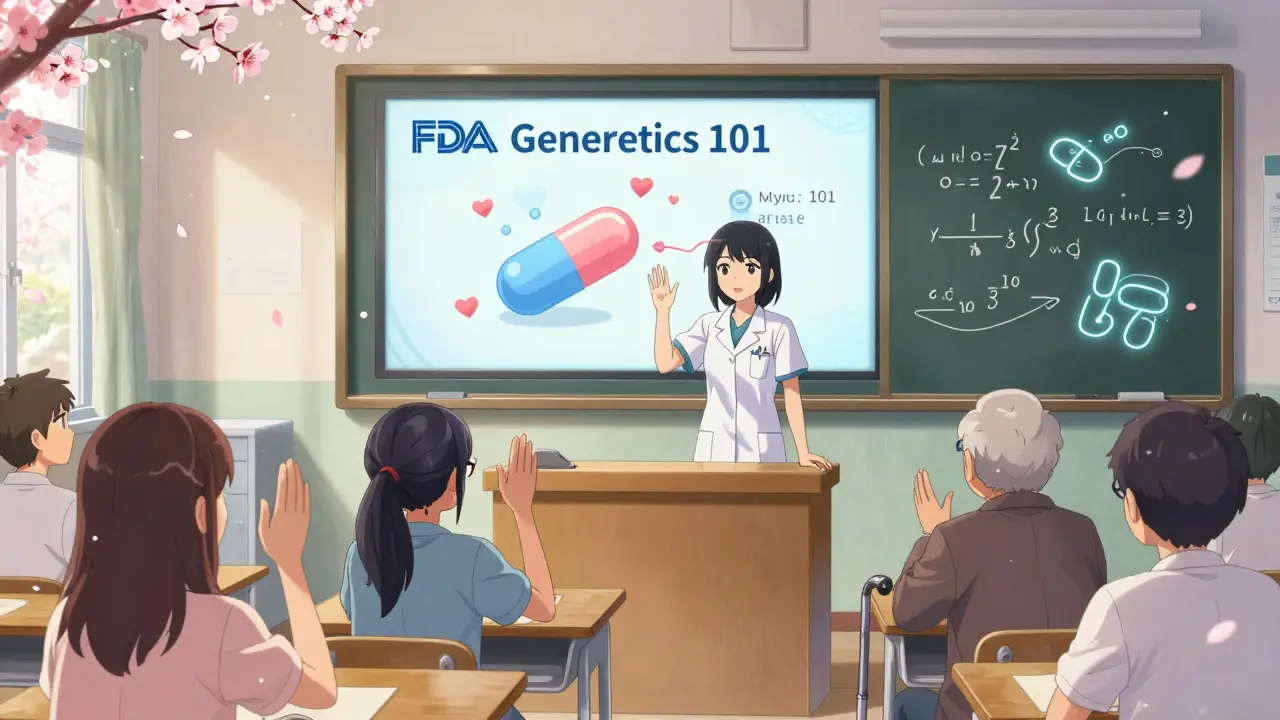 A community health worker teaches patients about generic drugs using a glowing video screen and chalkboard diagrams in a rural center.