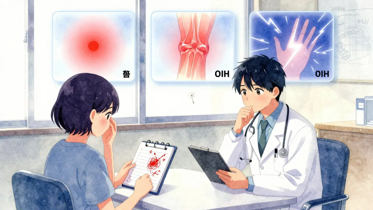 A doctor and patient reviewing a pain diary, with floating visual comparisons of tolerance, disease progression, and opioid-induced hyperalgesia.