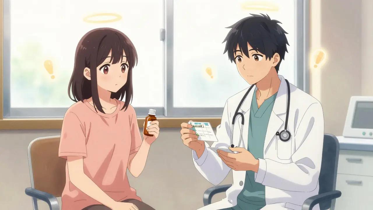 A doctor and patient sitting together in a sunny clinic, holding linezolid and antidepressant prescriptions with calming light halos.