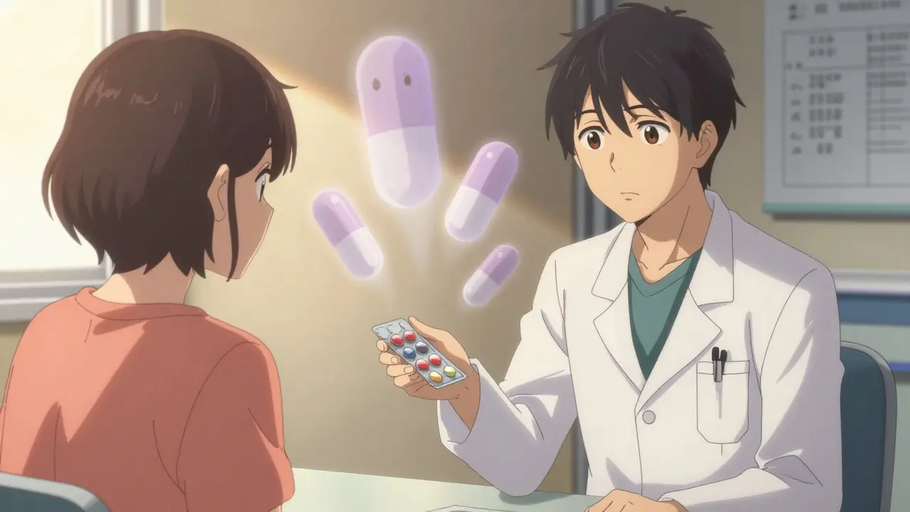 A doctor gives a patient a combo pill while ghostly separate pills float behind them in a warm hospital setting.