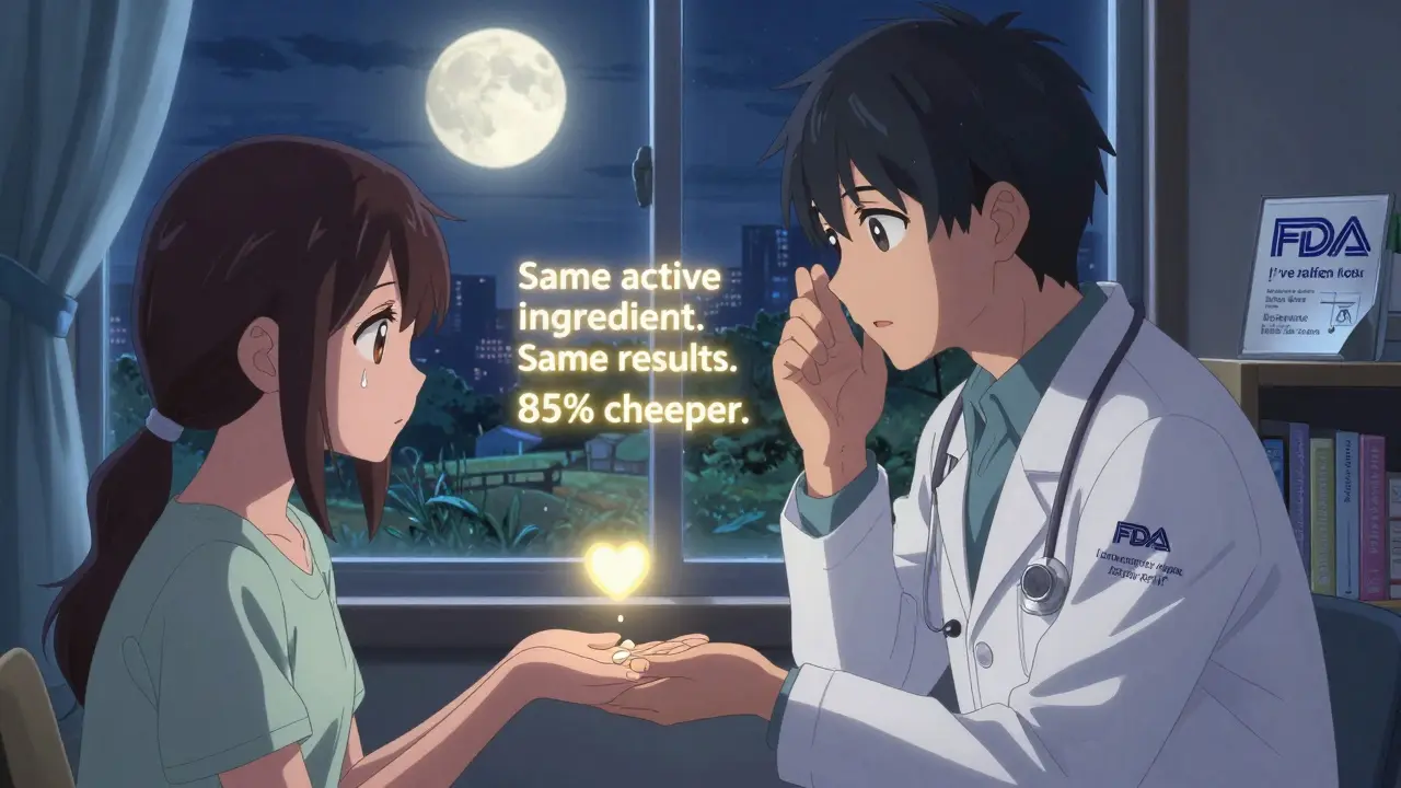 A doctor gives a patient a generic pill under a moonlit window, with glowing text showing its benefits and savings.