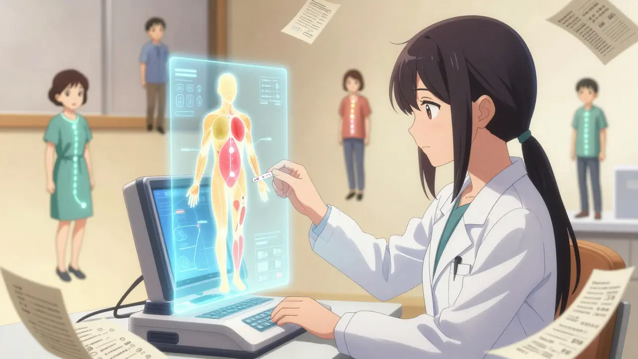 A doctor using a genetic scanner to map safe and risky drug pathways on a glowing human body.