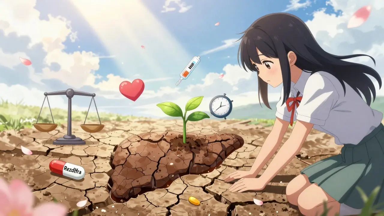 A girl planting a sapling in liver-shaped earth with floating health symbols under dawn light.