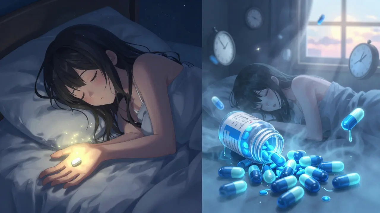 A girl sleeps peacefully as a fast-dissolving melatonin tablet fades like a firefly, while a time-released pill smothers her in dark mist.