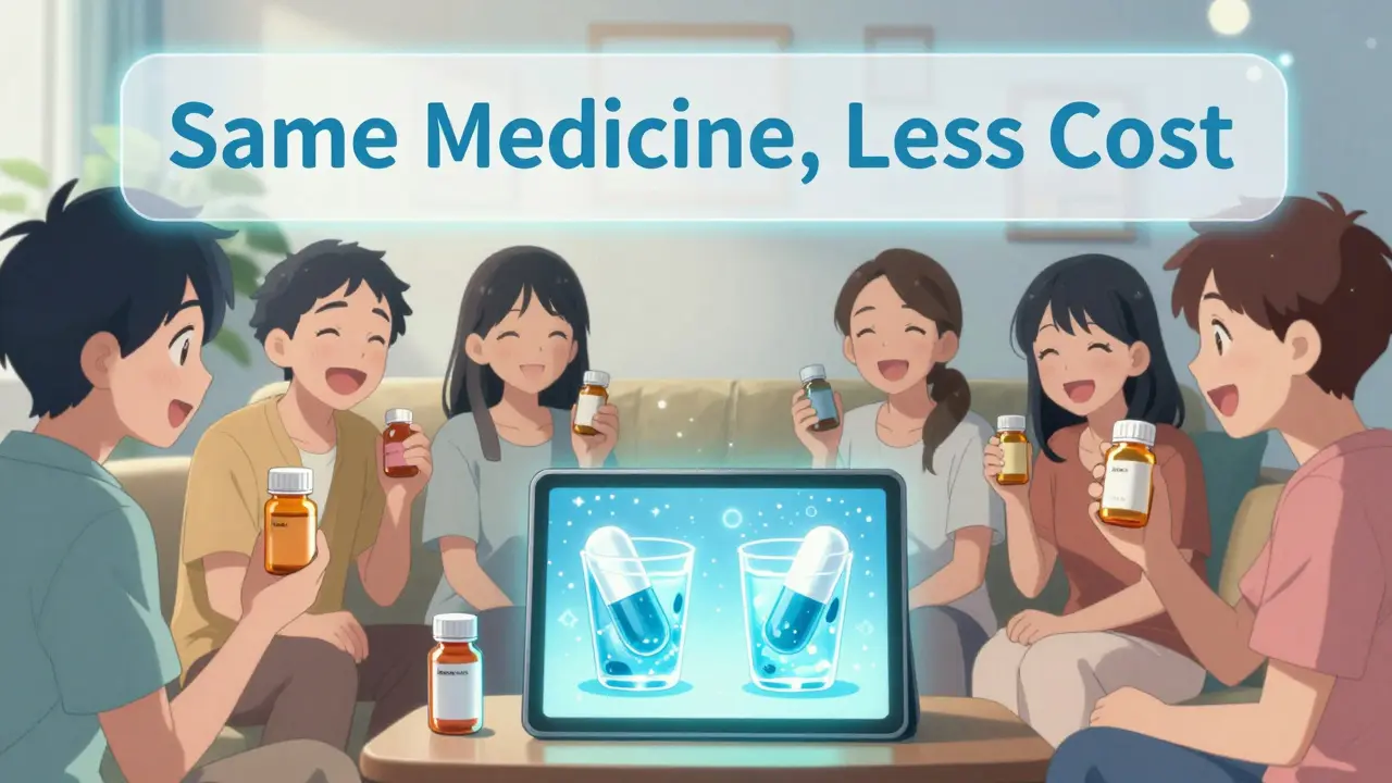 A group of people watch a video showing brand and generic pills dissolving identically in water.