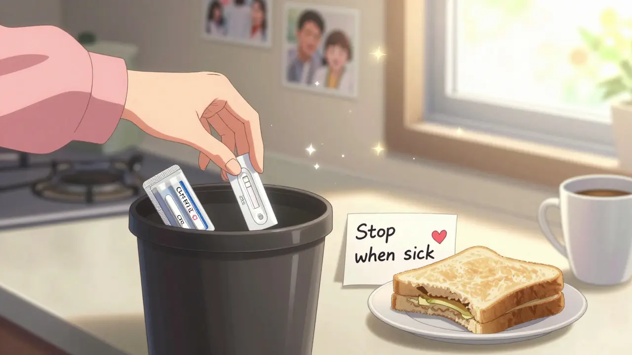 A hand discarding an SGLT2 pill beside ketone strips and a note saying 'Stop when sick,' with sunlight streaming through a kitchen window.