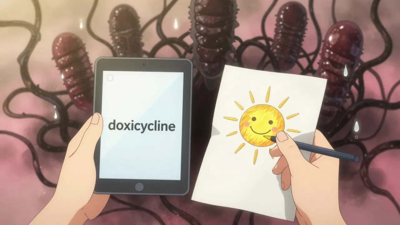 A hand holds a doxycycline pill while shadowy ribosomes block protein production, with a child’s sun drawing nearby.