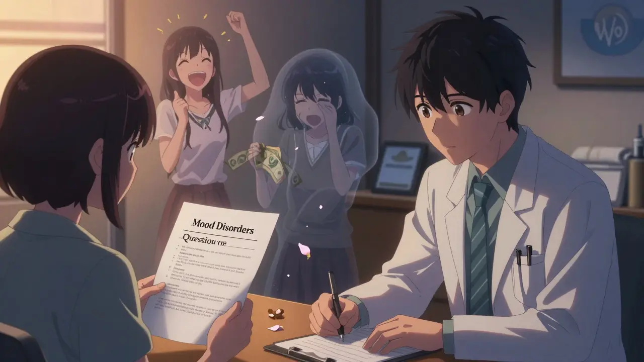 A patient holds a bipolar screening questionnaire while ghostly images of past manic moments appear behind them in a therapist’s office.