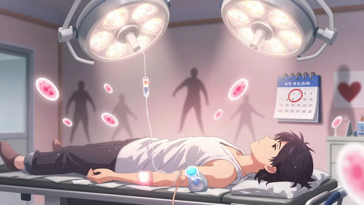 A patient receives platelet-rich plasma during surgery, with glowing platelets reactivating as dark pills fade away.