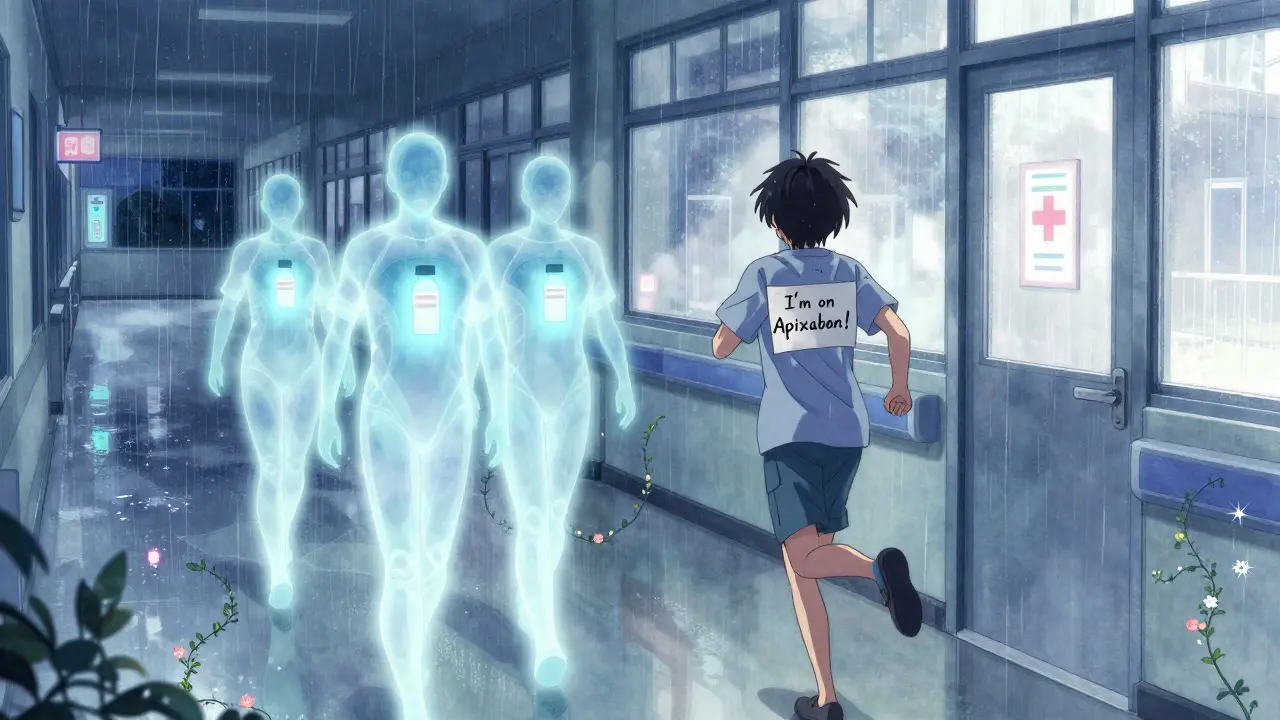 A patient runs toward emergency doors holding a note about their blood thinner, with ethereal reversal agents behind them.