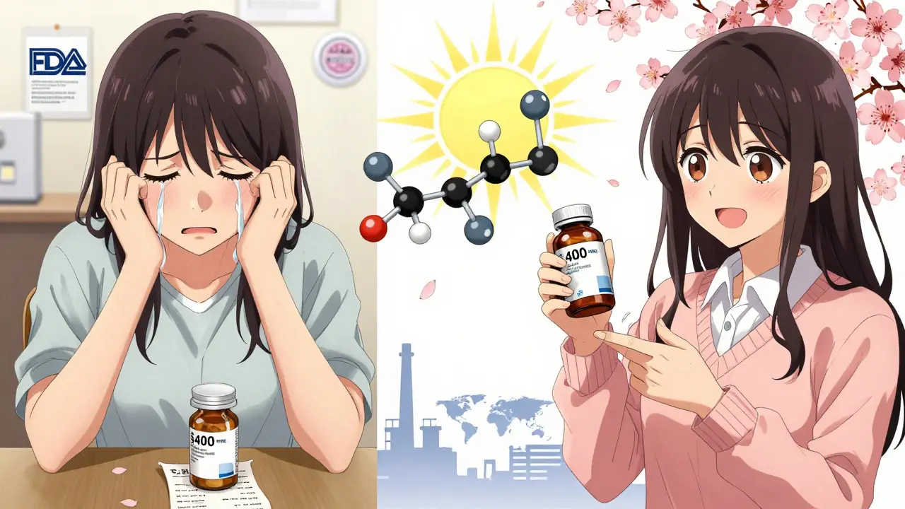 A patient transitions from financial stress to relief as generic pills replace expensive brand-name ones under a glowing molecular sunburst.