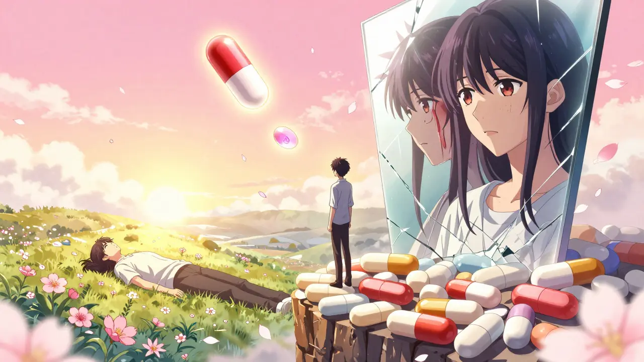 A person standing on a cliff of pills, looking down at their healed self as glowing medications rise like guides, symbolizing recovery from OIH.