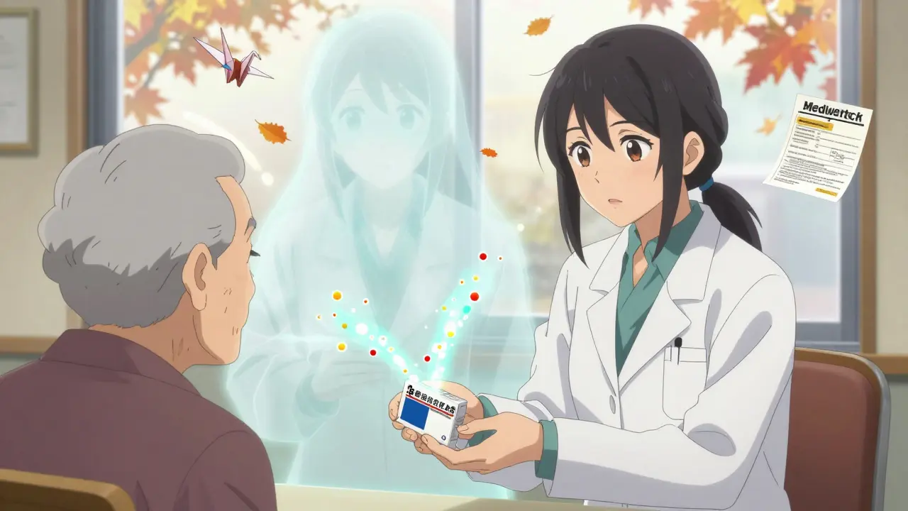 A pharmacist hands a generic drug to an elderly patient as brand and generic versions dissolve into identical glowing particles.
