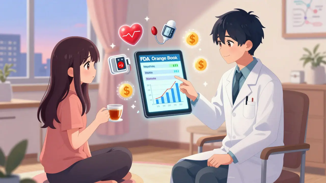 A pharmacist reviews generic drug equivalence data on a tablet during a virtual consultation.