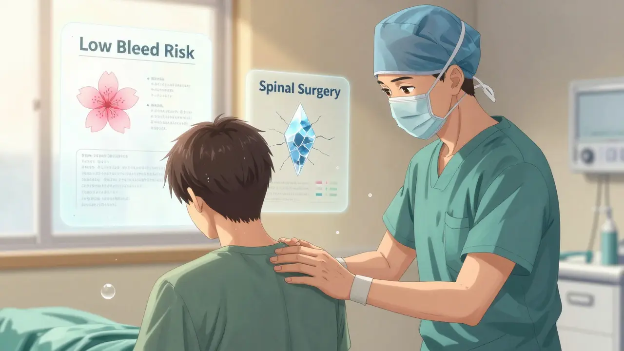 A surgeon comforts a patient beside an operating table with floating medical charts showing risk levels.