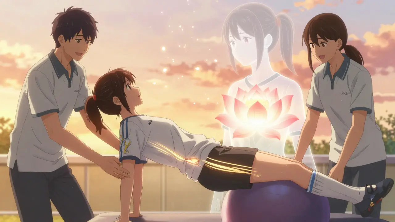 A young athlete doing rehab exercises as her healed labrum reforms like a blooming lotus behind her, bathed in warm sunset light.