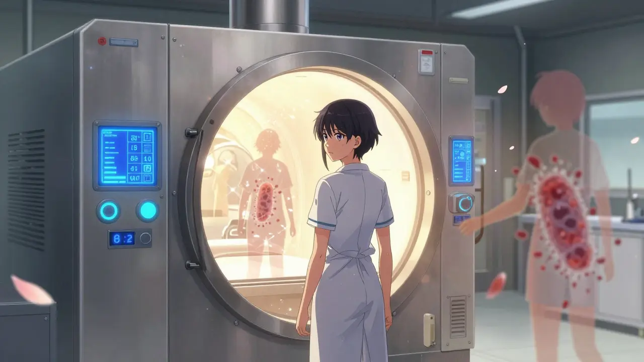 An engineer validating a sterilizer as bacteria dissolve into sparkles around the machine.