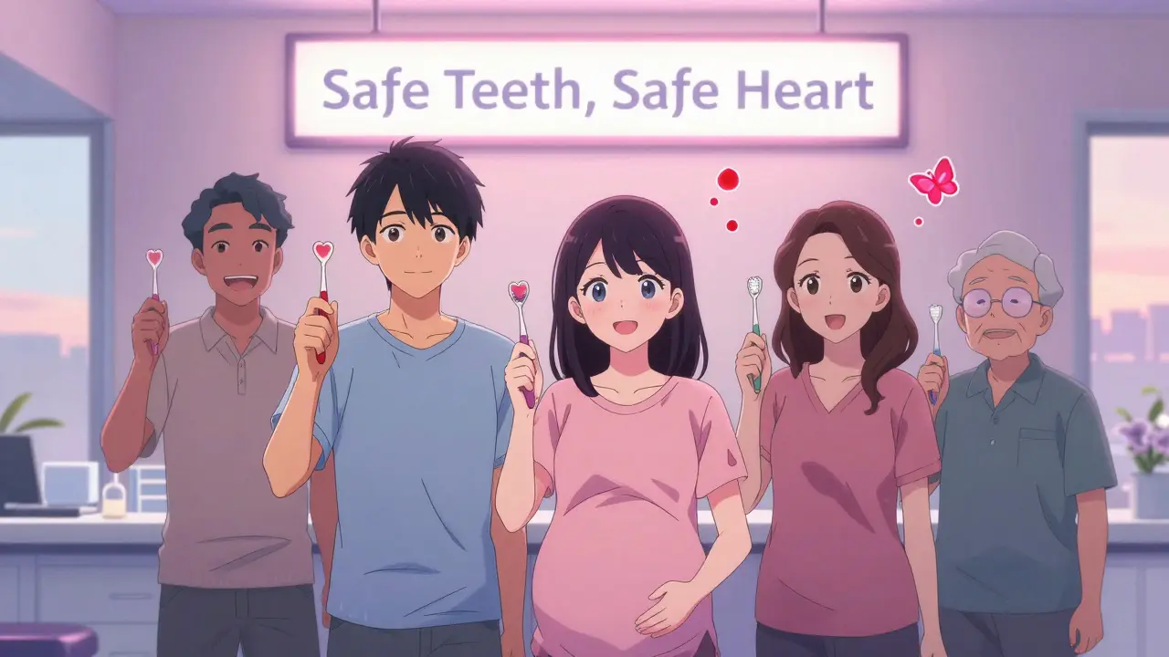 Diverse patients in a dental office holding heart-shaped toothbrushes under a 'Safe Teeth, Safe Heart' sign.