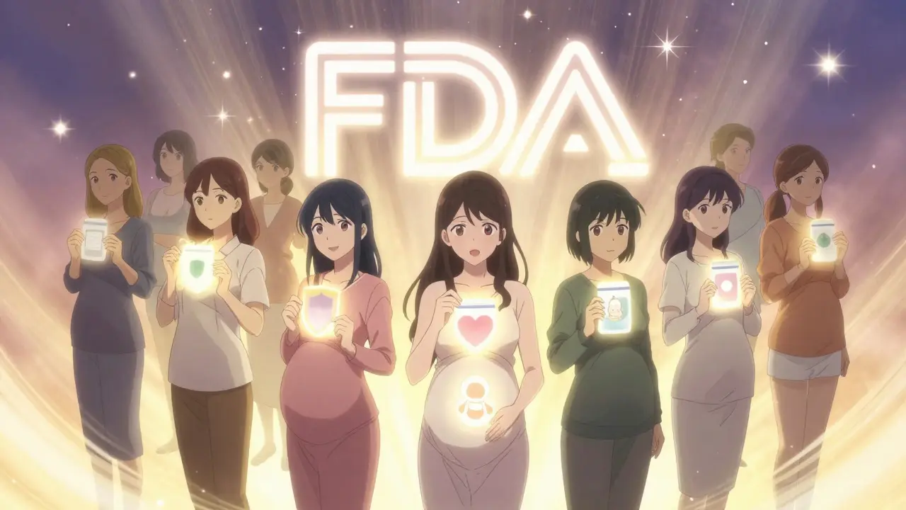 Diverse women holding transformed drug labels as glowing icons representing safety and knowledge.