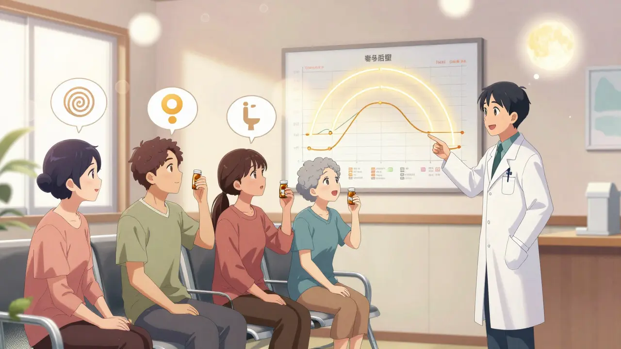 Patients in a clinic with thought bubbles showing side effects, a doctor guiding them toward better timing.