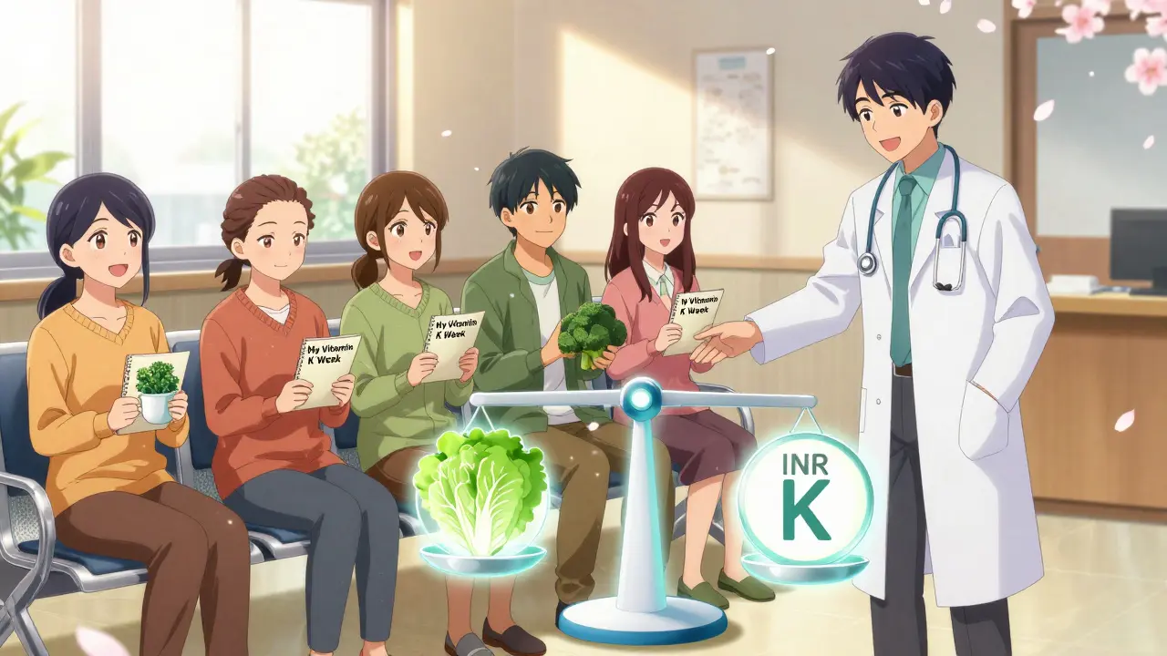 Patients in clinic holding food logs, doctor smiling as a glowing scale balances vitamin K and stable INR.