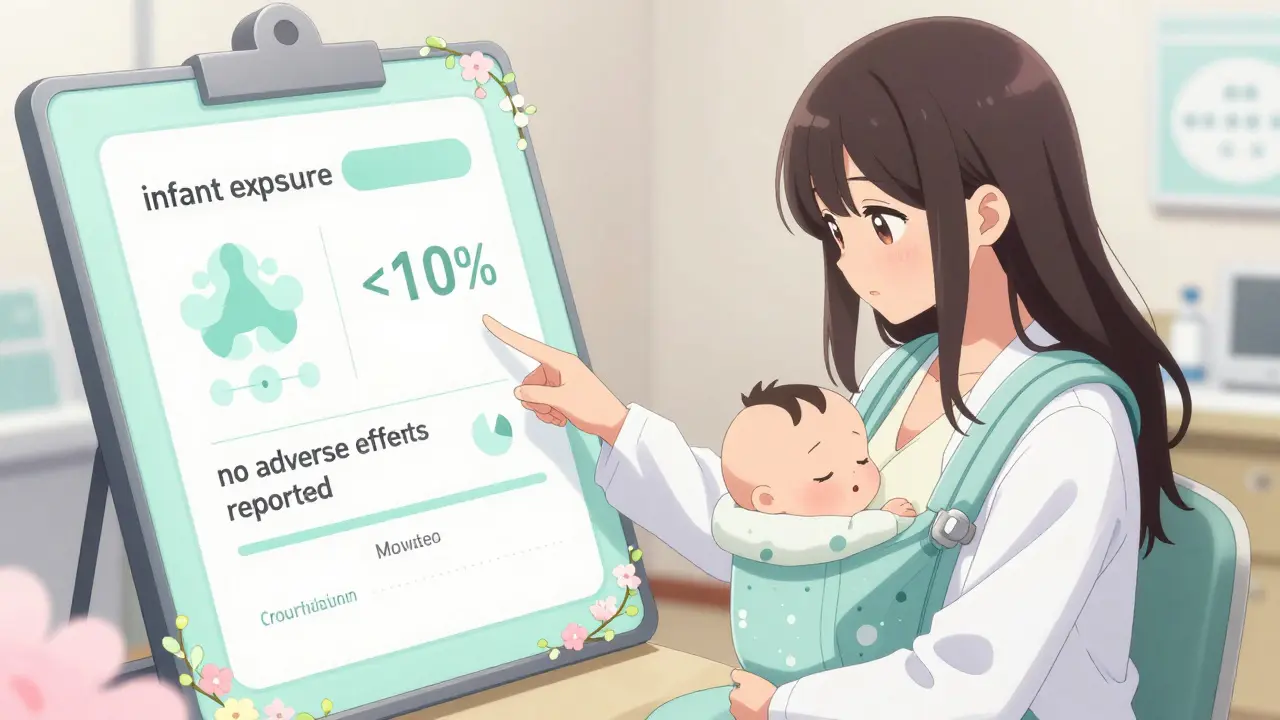 Pharmacist explaining breastfeeding drug safety to a mother using animated data visuals.