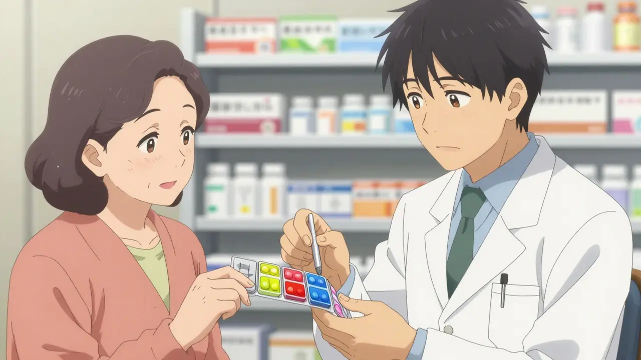 Pharmacist showing a flexible pill pack to an older couple with care and patience.