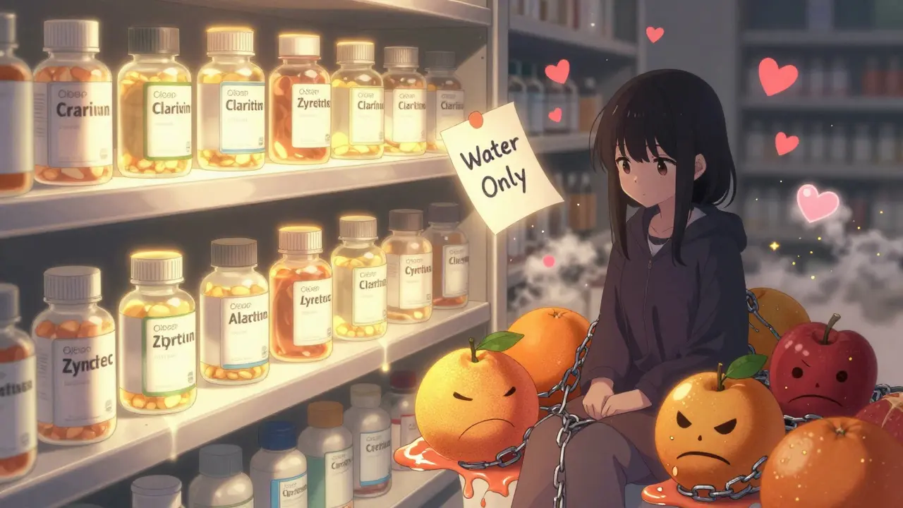 Pharmacy shelf with Allegra shadowed by angry fruit, while Claritin and Zyrtec glow warmly beside water.