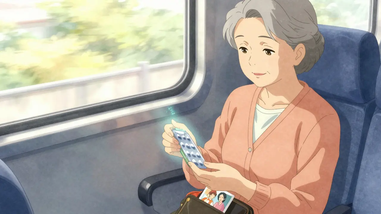 Senior woman traveling with a compact pill pack, sunlight glowing softly around it.