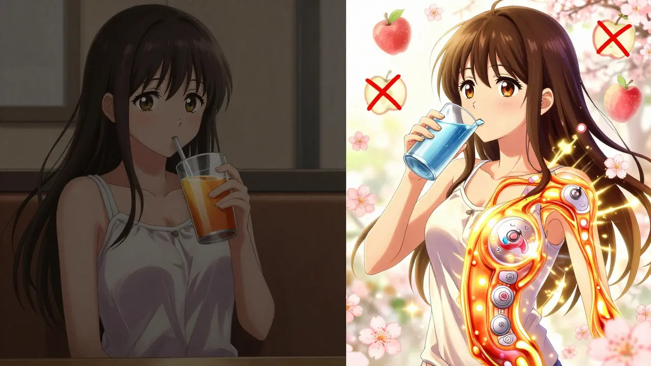 Split scene: girl taking fexofenadine with juice (dim) vs. with water (bright), transporters opening like flowers.