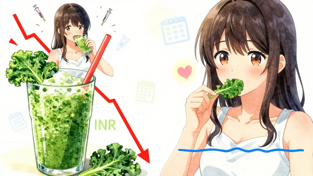 Split scene: one side shows a dangerous green smoothie spiking INR, the other shows steady spinach portions with calm blue line.